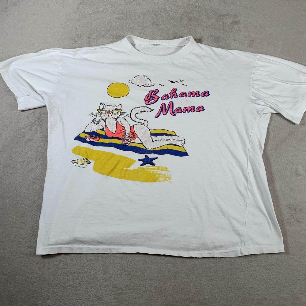 Vintage Bahama Mama Shirt Mens Size XL White Cat Cartoon Beach Graphic 90s Tee